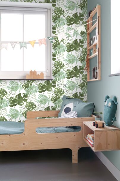 children bedroom wallpaper painted tropical jungle leaves gray-grained olive green 138888