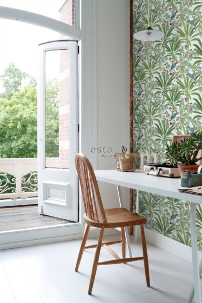 home office wallpaper tropical jungle leaves mint green and jungle green 139189