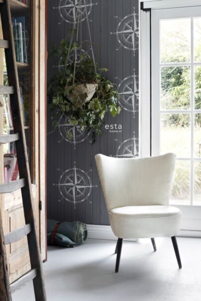 wallpaper compass rose on scrap wood white and gray