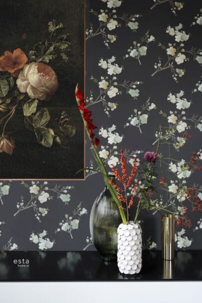 eco texture non-woven wallpaper cherry blossoms green, mustard and black