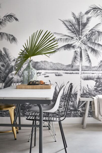 wall mural tropical landscape with palm trees black and white
