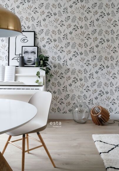 wallpaper floral pattern in Scandinavian style white, gray and pink
