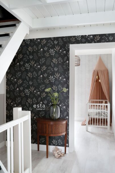 wallpaper floral pattern in Scandinavian style black, gray, beige and pink