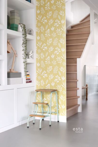 wallpaper floral pattern in Scandinavian style mustard and white