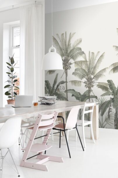 wall mural palm trees light beige and grayish green