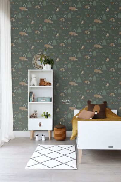 wallpaper forest with forest animals dark green and beige