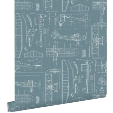 wallpaper construction drawings of airplanes vintage blue