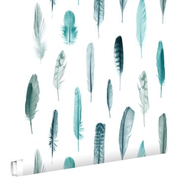 wallpaper feathers turquoise and matt white