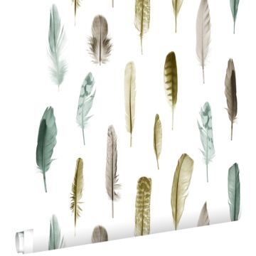 wallpaper feathers mustard, brown and grayish green