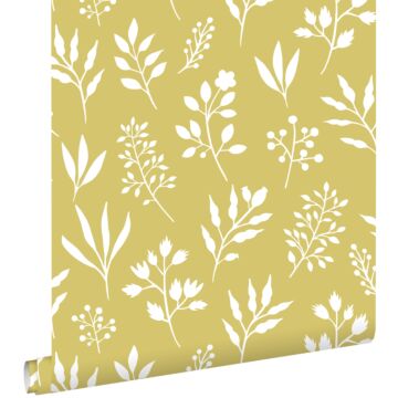 wallpaper floral pattern in Scandinavian style mustard