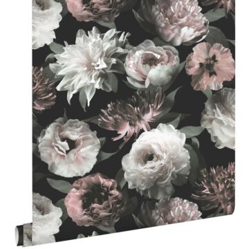 wallpaper flowers black, white and soft pink