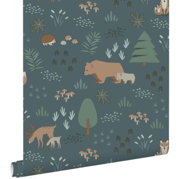 wallpaper forest with forest animals grayed vintage blue