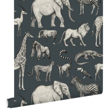 wallpaper jungle animals grayed vintage blue and gray