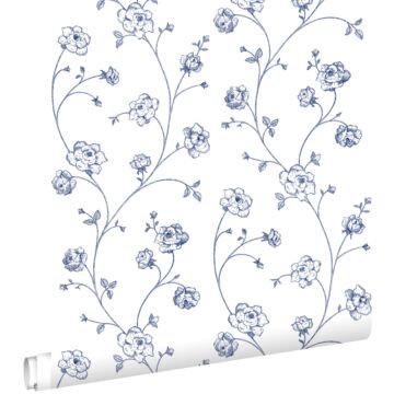 wallpaper toile de Jouy roses white and blue