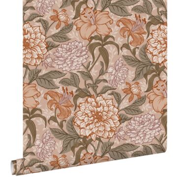 wallpaper vintage flowers antique pink, grayish green and terracotta pink