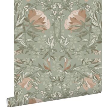 wallpaper vintage flowers in art nouveau style grayish green and antique pink