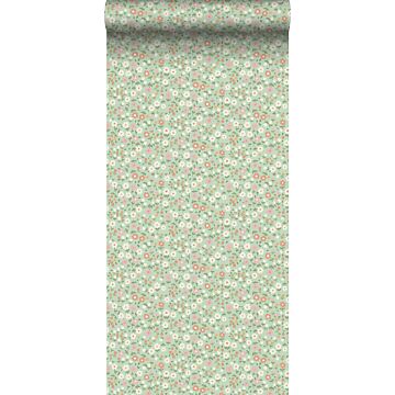 wallpaper flowers green, terracotta pink and white