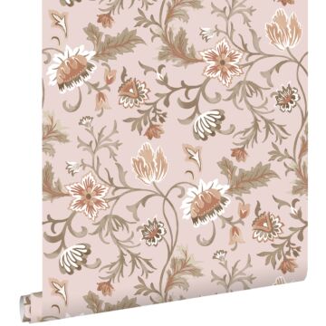 wallpaper vintage flowers antique pink, terracotta and green