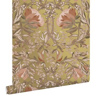 wallpaper vintage flowers in art nouveau style gold and terracotta pink
