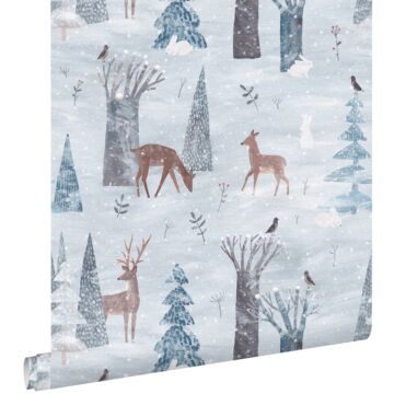 wallpaper deer and rabbits in the snow blue