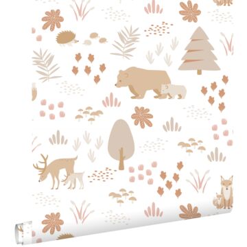 wallpaper forest with forest animals white and beige