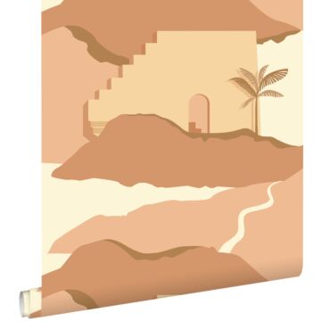 wallpaper mediterranean houses beige and terracotta pink