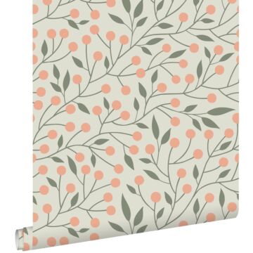 wallpaper floral pattern grayish green and peach pink