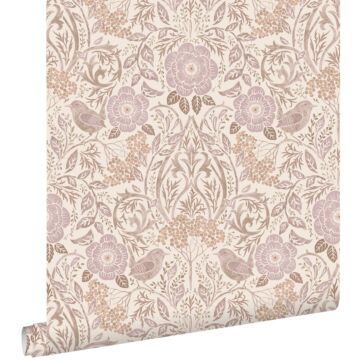 wallpaper flowers and birds sand beige and lilac purple