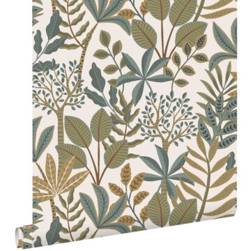 wallpaper leaves greyish blue, olive green and mustard