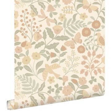 wallpaper flowers and birds beige, green and soft pink