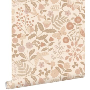 wallpaper flowers and birds beige and soft pink