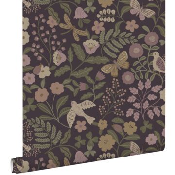 wallpaper flowers and birds eggplant purple, olive green and lilac purple