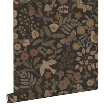 wallpaper flowers and birds dark brown, olive green and lilac purple