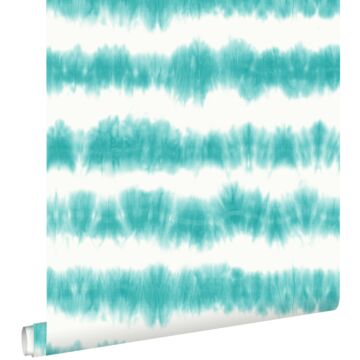 wallpaper horizontal tie-dye shibori stripes intense turquoise and matt white