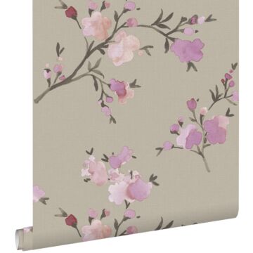eco texture non-woven wallpaper cherry blossoms taupe and lilac purple