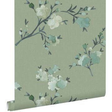 eco texture non-woven wallpaper cherry blossoms green