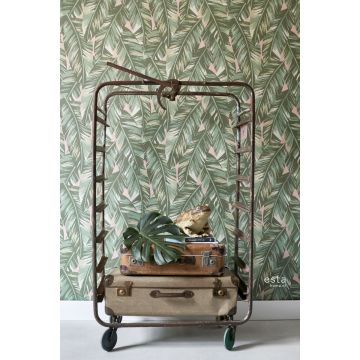 wallpaper banana leaves greyed olive green and peach pink