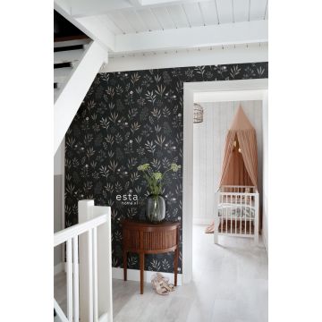 wallpaper floral pattern in Scandinavian style black, gray, beige and pink