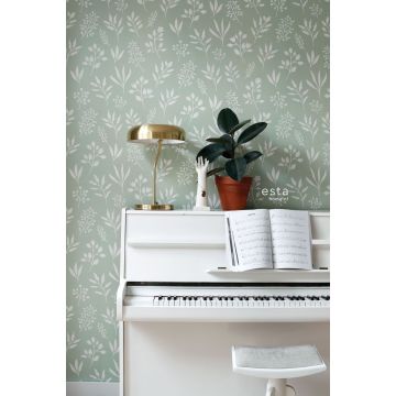 wallpaper floral pattern in Scandinavian style mint green and white