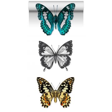 non-woven wallpaper XXL butterflies turquoise, black and white