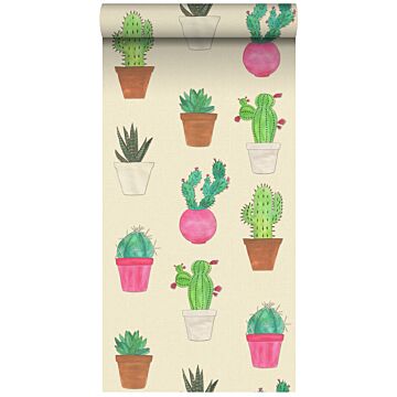 non-woven wallpaper XXL Cactus Fiesta green, pink and beige