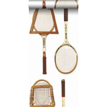 non-woven wallpaper XXL vintage tennis rackets white, brown and beige