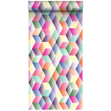 non-woven wallpaper XXL 3D cubes pink, yellow, green and blue