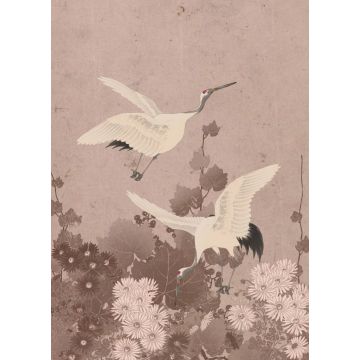 wall mural crane birds gray pink