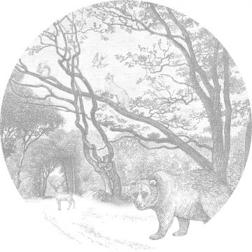 self-adhesive round wall mural forest with forest animals gray