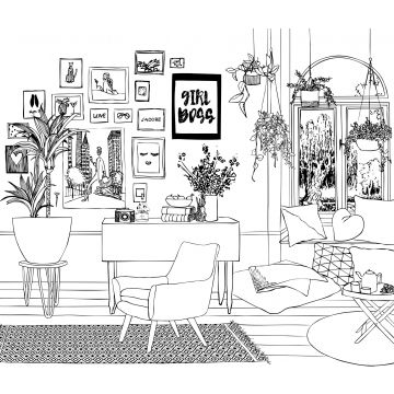 wall mural drawing living room black and white