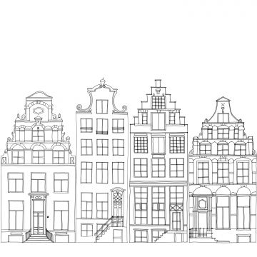 wall mural drawn Amsterdam canal houses black and white