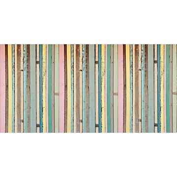 wall mural painted wood light pink, yellow, blue and green