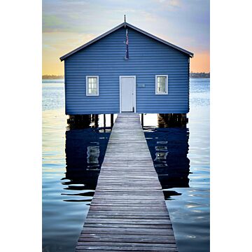 wall mural beach house blue, gray and evening red