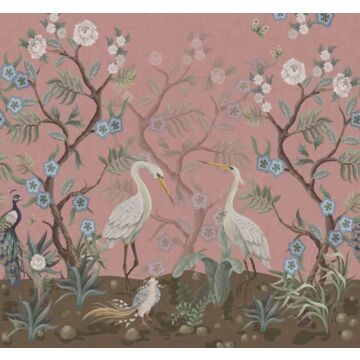 wall mural crane birds antique pink